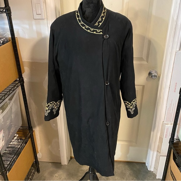 Carol Cohen Embroidered Boho Coat black faux Suede Women’s coat pockets Jacket L - Picture 1 of 14